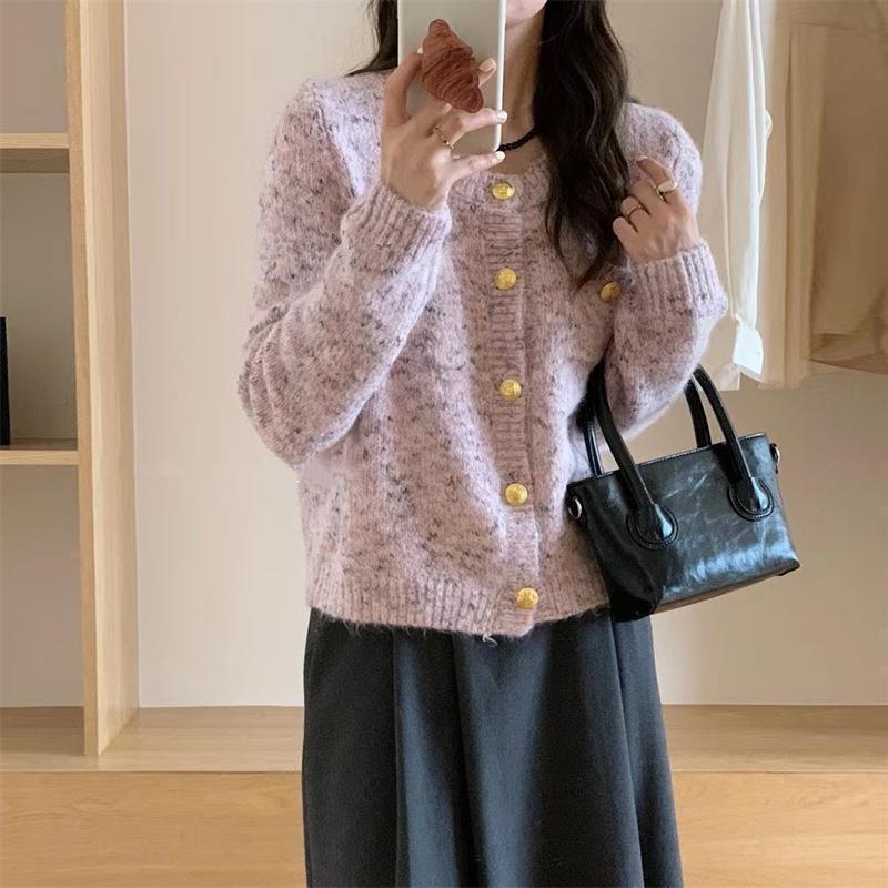 Short Variegated Round Neck Sweater Coat