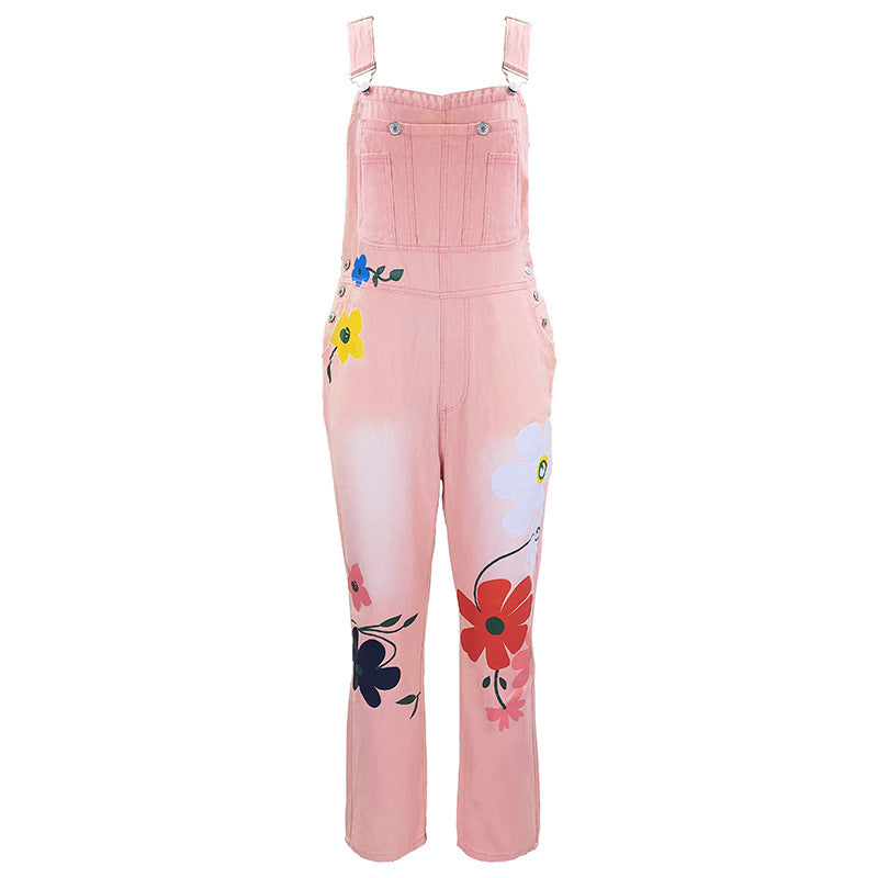 Women's Classic Denim Overalls - High-Waisted Loose Fit Straight Leg Jumpsuit With Unique Print Design