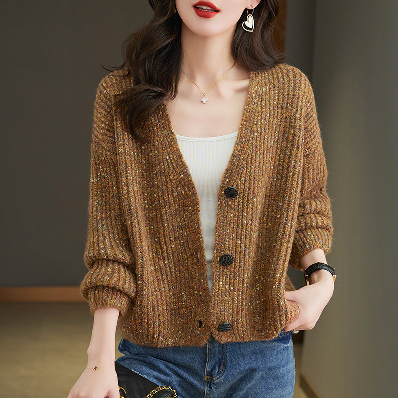 Colorized Sweater V-neck Knitted Jacket Women's Single-breasted Loose