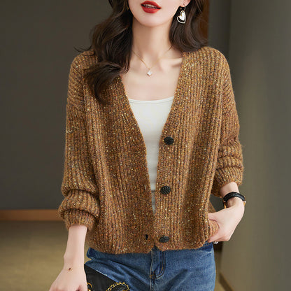 Colorized Sweater V-neck Knitted Jacket Women's Single-breasted Loose