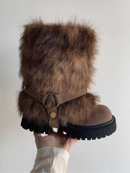 Winter Warm Furry Anti-slip Snow Boots For Women Winter Warm Furry Anti-slip Snow Boots For Women Product information: Pattern: Color block splicing Inner material: Artificial short plush Color: Beige, brown, gray Shaft height: Mid-calf Processing method: