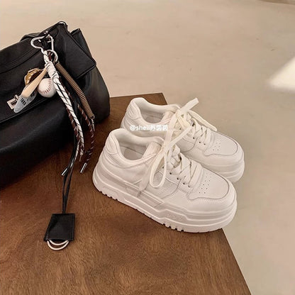 Platform Height Increasing Casual Lace Up Sports Board Shoes Product information: Color: White Upper height: low top (0-3cm) Heel height: high heels (6-8CM) Heel shape: flat heel Size: 35, 36, 37, 38, 39, 40 Shoe Upper material: Cowhide Applicable Gender: