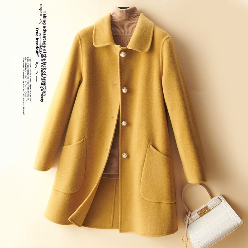 Wool Pearl Buckle Double-faced Woolen Goods Women's Doll Collar Mid-length Coat