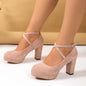 Shallow High-heel Chunky Heel Suede Cross-strap Women's Shoes Product information: Pattern: solid color Lining material: cloth Applicable sports: Universal Color: Black, apricot, pink Upper height: low top Heel height: high heels [6-8cm (inclusive)] Heel