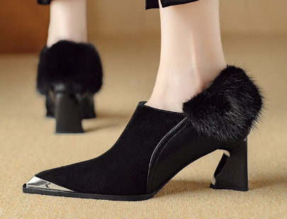 Womens Retro Chic Versatile Metal Pointed-Toe Slimming Cotton Shoes With Zipper And High Heel