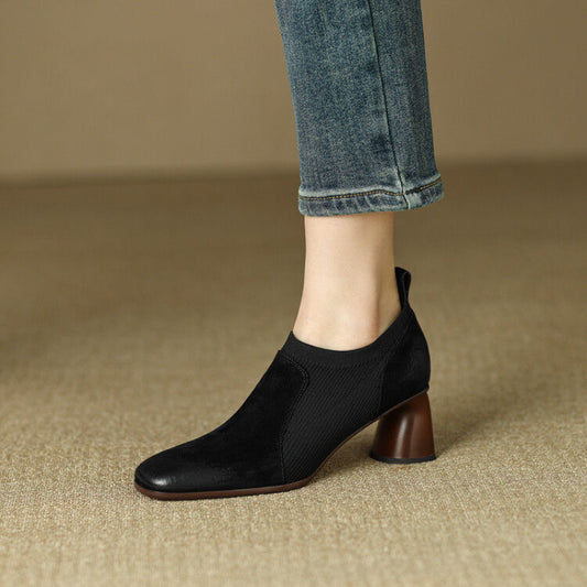 Black Square-toe High Heels Knitted Patchwork Design Deep V-shaped Vamp Chunky Heel Leather Slip-on