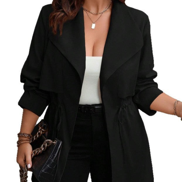 Drawstring Large Lapel Mid-length Trench Coat