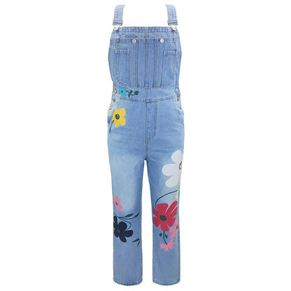 Women's Classic Denim Overalls - High-Waisted Loose Fit Straight Leg Jumpsuit With Unique Print Design
