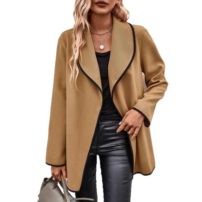Fashionable All-match Long Sleeve Solid Color Woolen Coat