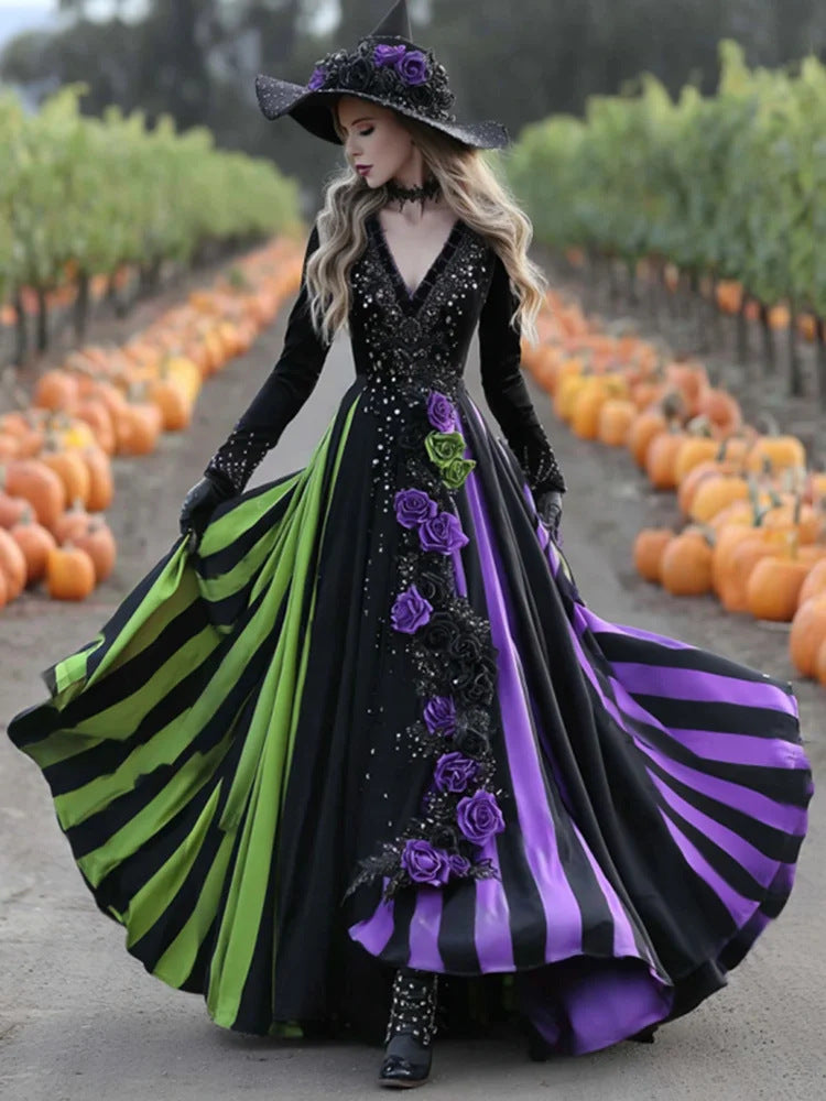 V-neck Long Sleeve Dress Large Swing Dress Halloween Dress