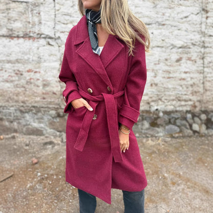 Autumn And Winter Lacing Cardigan Casual Long Sleeve Lapel Woolen Pocket Coat Women