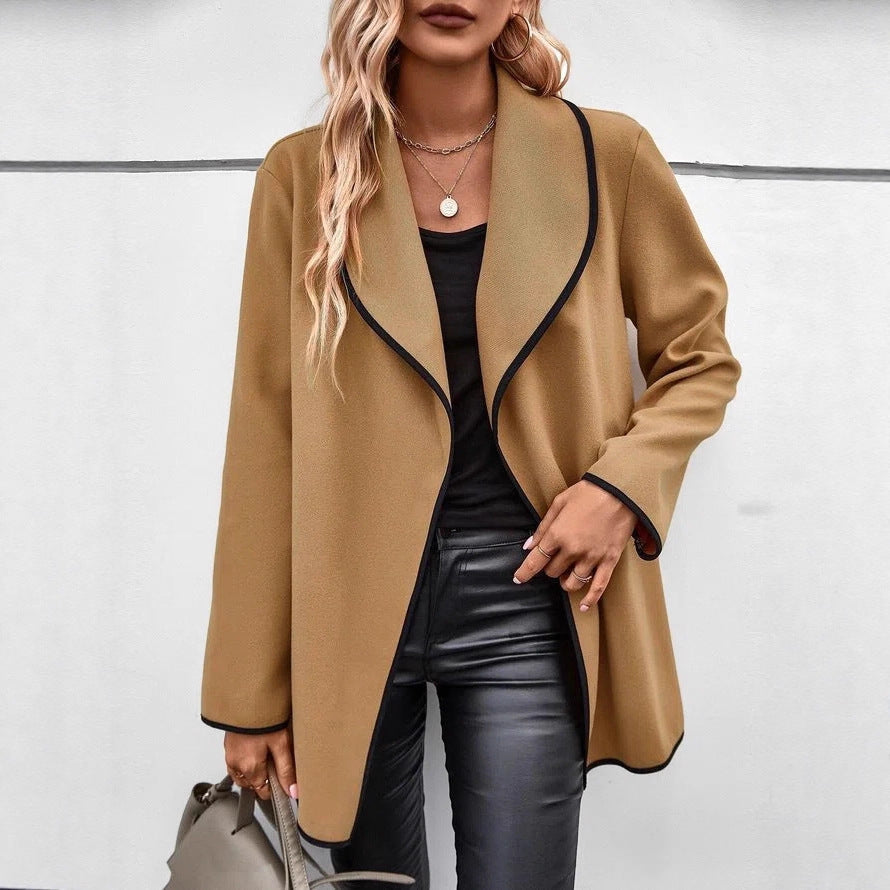 Fashionable All-match Long Sleeve Solid Color Woolen Coat