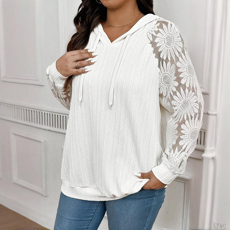 Women's Plus Size Hoodie Lace Long Sleeve Pullover Top, Fall Casual Drawstring Sweatshirt