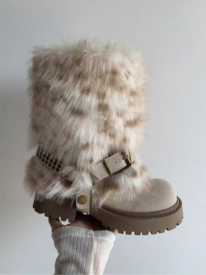 Winter Warm Furry Anti-slip Snow Boots For Women Winter Warm Furry Anti-slip Snow Boots For Women Product information: Pattern: Color block splicing Inner material: Artificial short plush Color: Beige, brown, gray Shaft height: Mid-calf Processing method: