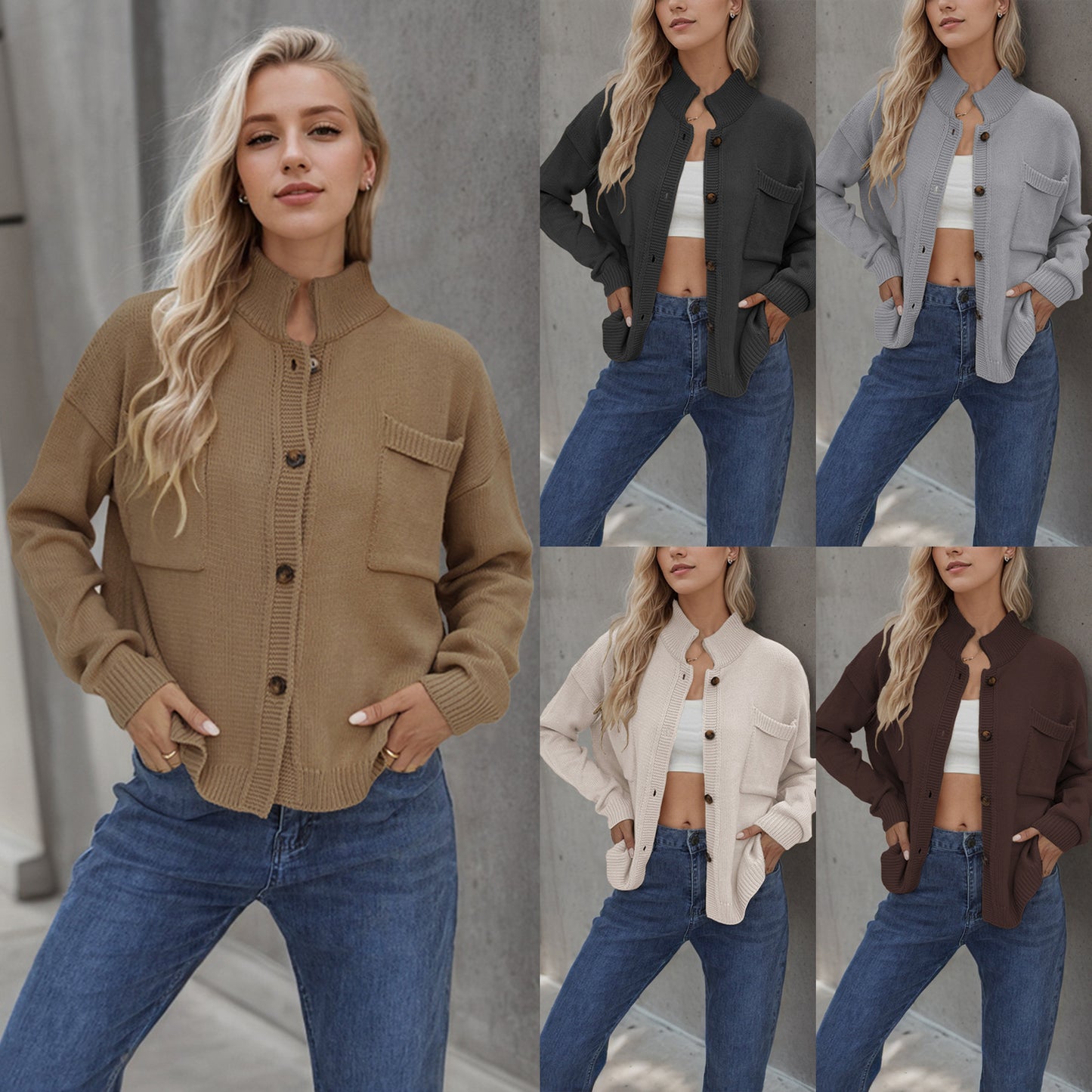 Standing Collar Plus Size Sweater Solid Color Cardigan For Women