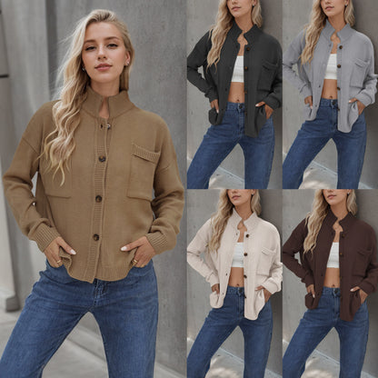 Standing Collar Plus Size Sweater Solid Color Cardigan For Women