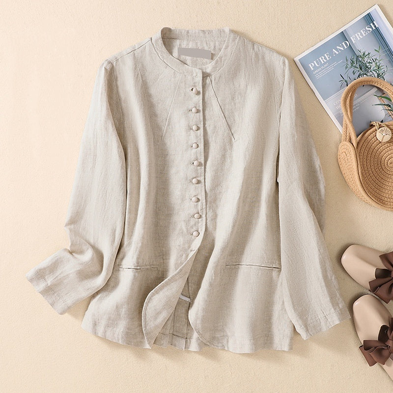 Thin Loose Top Art Chinese Style Stand Collar Linen Suit