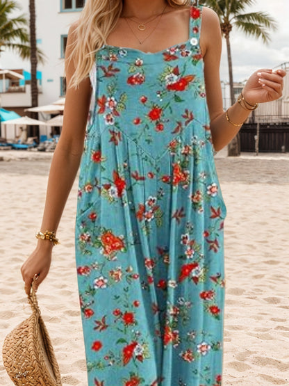 2025 New Women's Summer Printed Casual Overalls Loose Wide Leg Jumpsuit Bohemian Floral Printed Loose Jumpsuit With Pocket