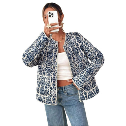 Simple Zip Long Sleeve Coat Women's Printed Wear