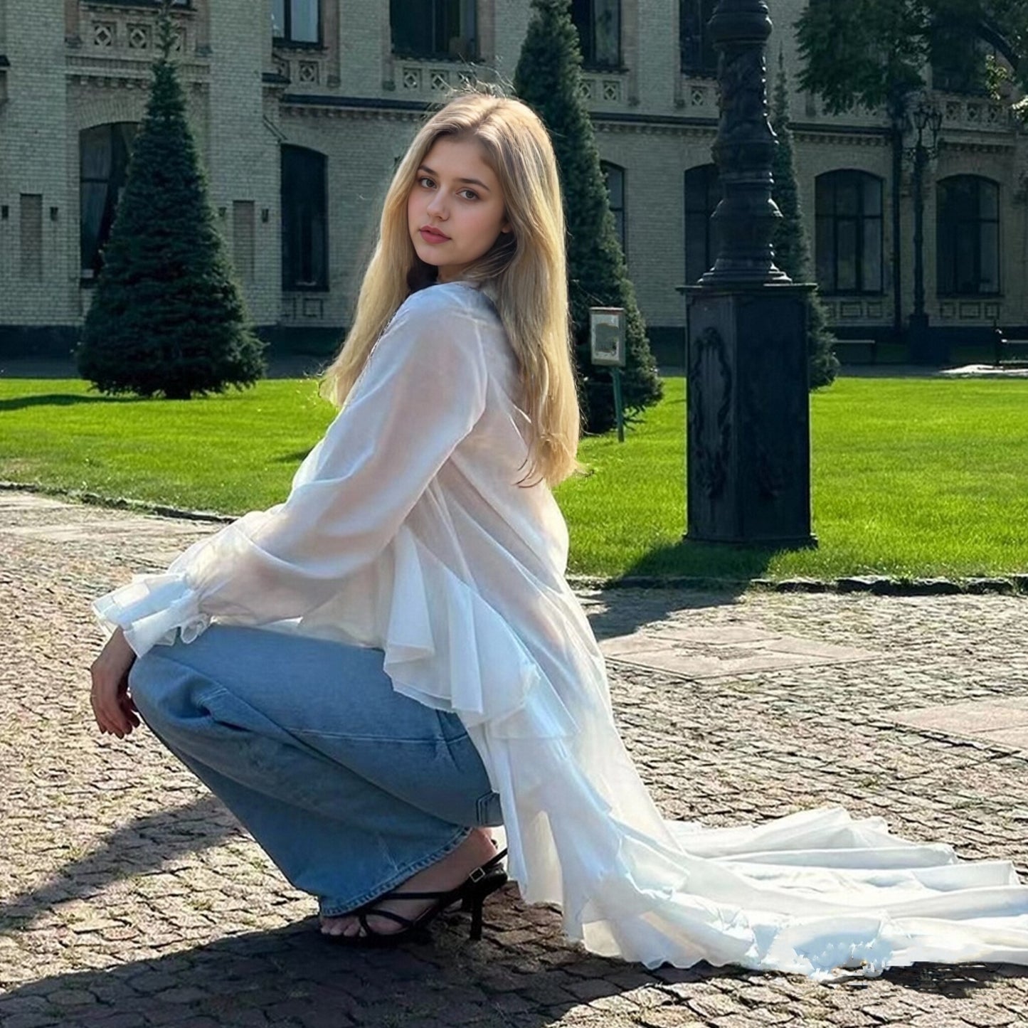 Women's Solid Long Sleeve Blouse, V Neck High Low Shirt With Irregular Ruffles, Asymmetrical Hem Office Party Tops