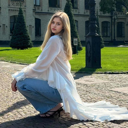 Women's Solid Long Sleeve Blouse, V Neck High Low Shirt With Irregular Ruffles, Asymmetrical Hem Office Party Tops