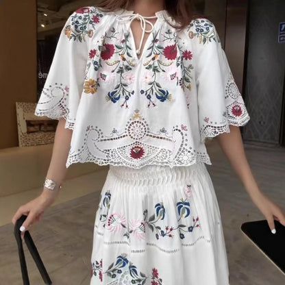 Embroidered Floral Hollow Out Tied Loose Round Neck Puff Sleeve Top