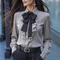 Women's Elegant Ruffle Trim Blouse With Black Bow Tie, Long Sleeve Office Shirt For Spring & Fall