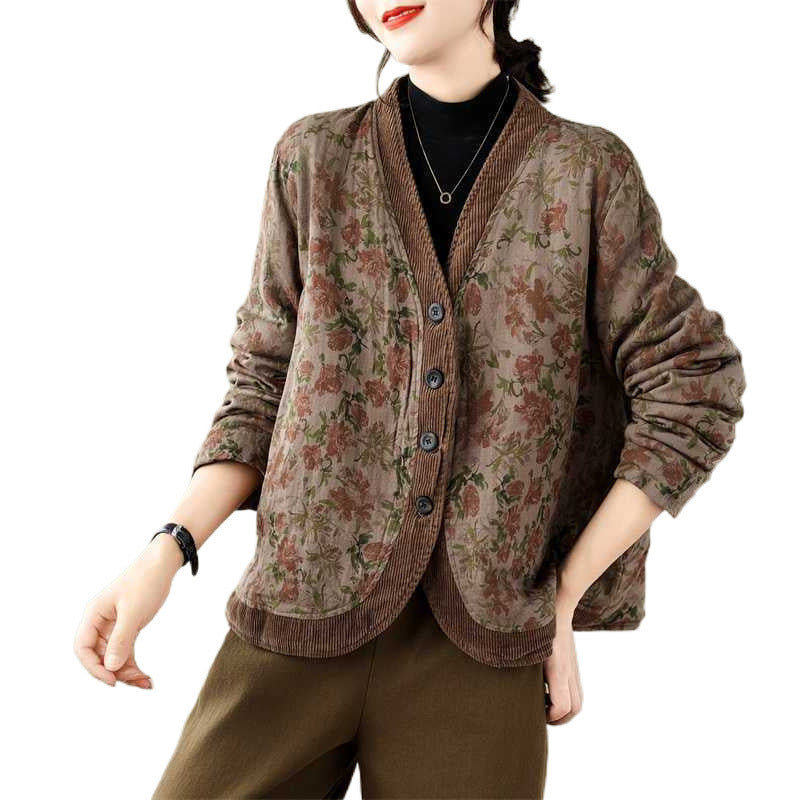 Ethnic Style Literary Style Women's Jacquard Single-breasted Puffer Jacket