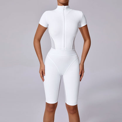 Tight Waist Open Collar Zipper Short Sleeve Yoga Jumpsuit Women
