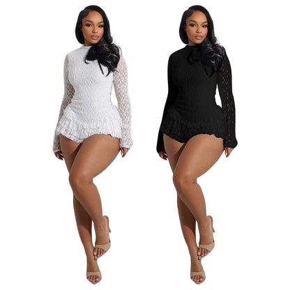 Women's Sexy Lace Long Sleeve Shorts Wooden Ear Backless Jumpsuit