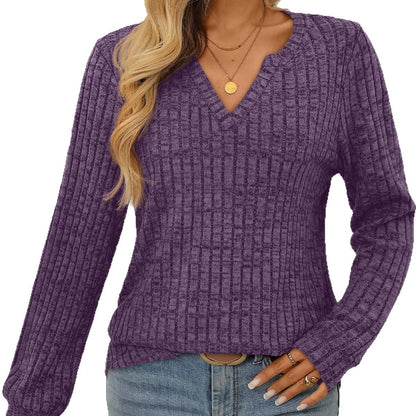 Women's V-neck Sunken Stripe Brushed Solid Color Top