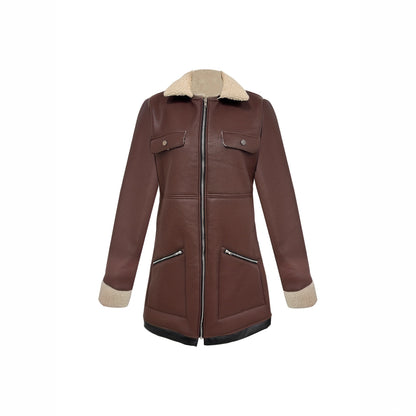 Faux Suede Zipper Composite Fur Integrated Turn-down Collar Coat