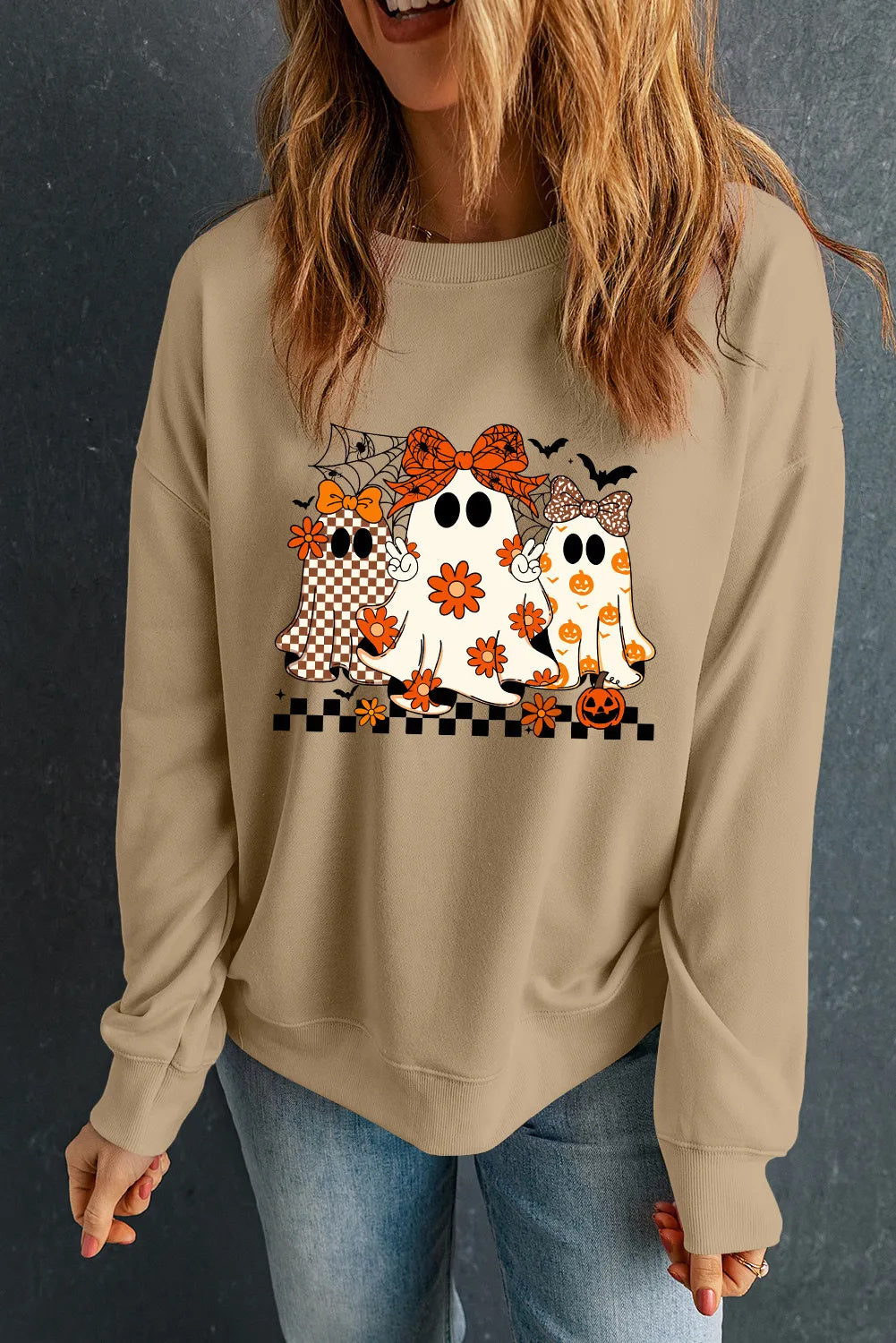 Khaki Cute Halloween Ghost Printed Drop Shoulder Baggy Sweatshirt
