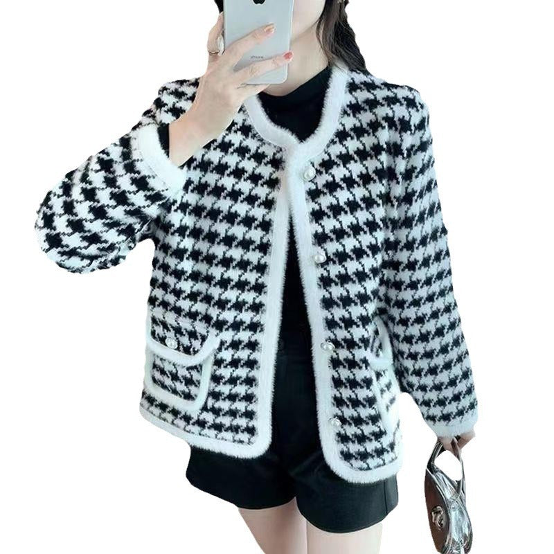 New Plaid Mink Velvet Coat Loose Flattering Knit Cardigan Sweater