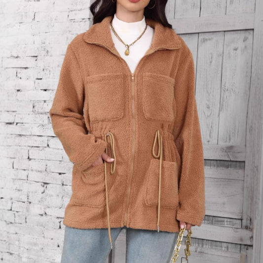 Loose Pockets Zipper And Lapel Long Sleeve Cardigan Plush Coat