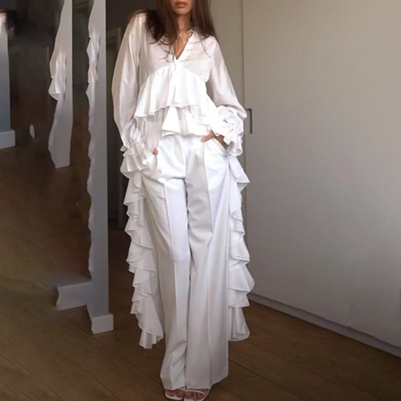 Women's Solid Long Sleeve Blouse, V Neck High Low Shirt With Irregular Ruffles, Asymmetrical Hem Office Party Tops