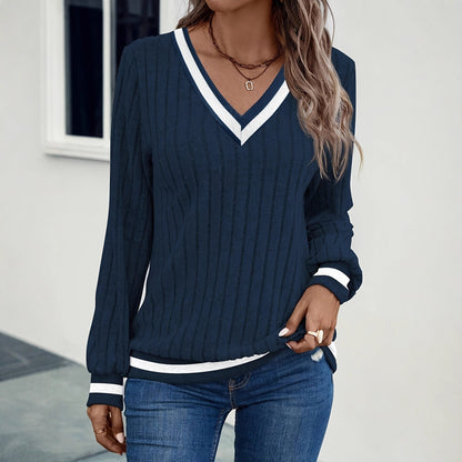 Women's Casual V-neck Ribbed Sweatshirt Navy Blue
