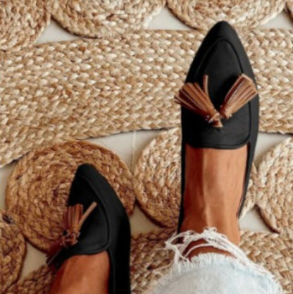 Flat Pointed-toe Rivet-tasseled Peep-toe Pumps