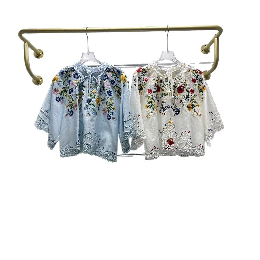 Embroidered Floral Hollow Out Tied Loose Round Neck Puff Sleeve Top