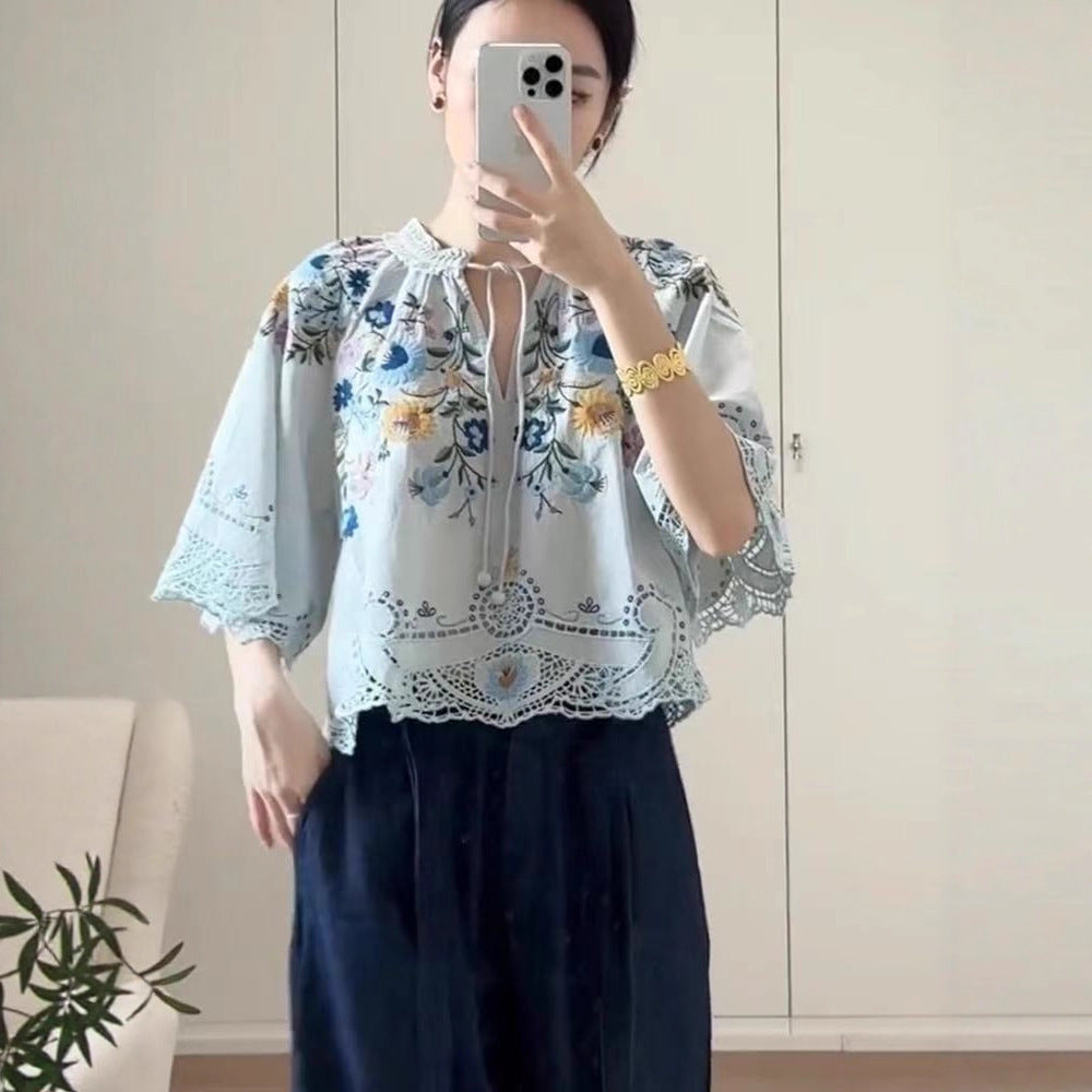 Embroidered Floral Hollow Out Tied Loose Round Neck Puff Sleeve Top