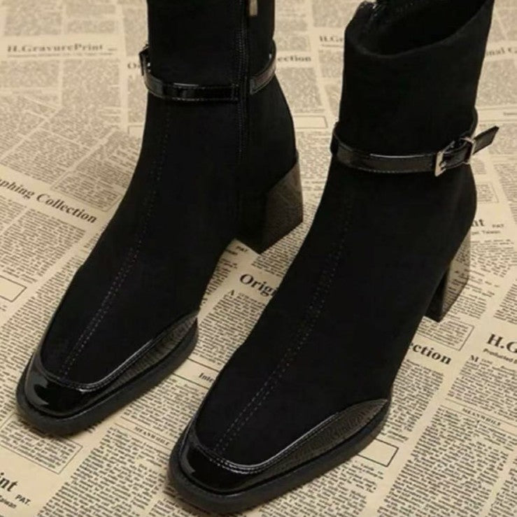 Retro French British Style Black Square Toe Leather Suede Ankle Side Zip Boots Retro French British Style Black Square Toe Leather Suede Ankle Side Zip Boots Product information: Pattern: Solid color Inner material: Microfiber leather Color: Black, Red He