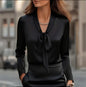 Women's Elegant Satin Blouse, Long Sleeve Button Down Shirt With Ribbon Detail For Office Work