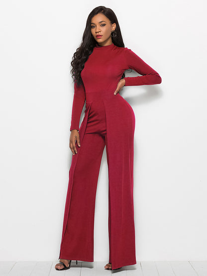 Round Neck Long Sleeve Wide Leg Jumpsuit