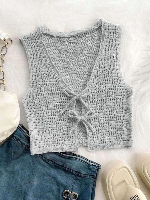 Women's Solid Color Tie Front Sweater Vest Casual Crochet