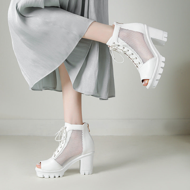 Womens Plus Size Mesh Peep Toe Chunky Heel Sandals With Thick Soles And High Heels