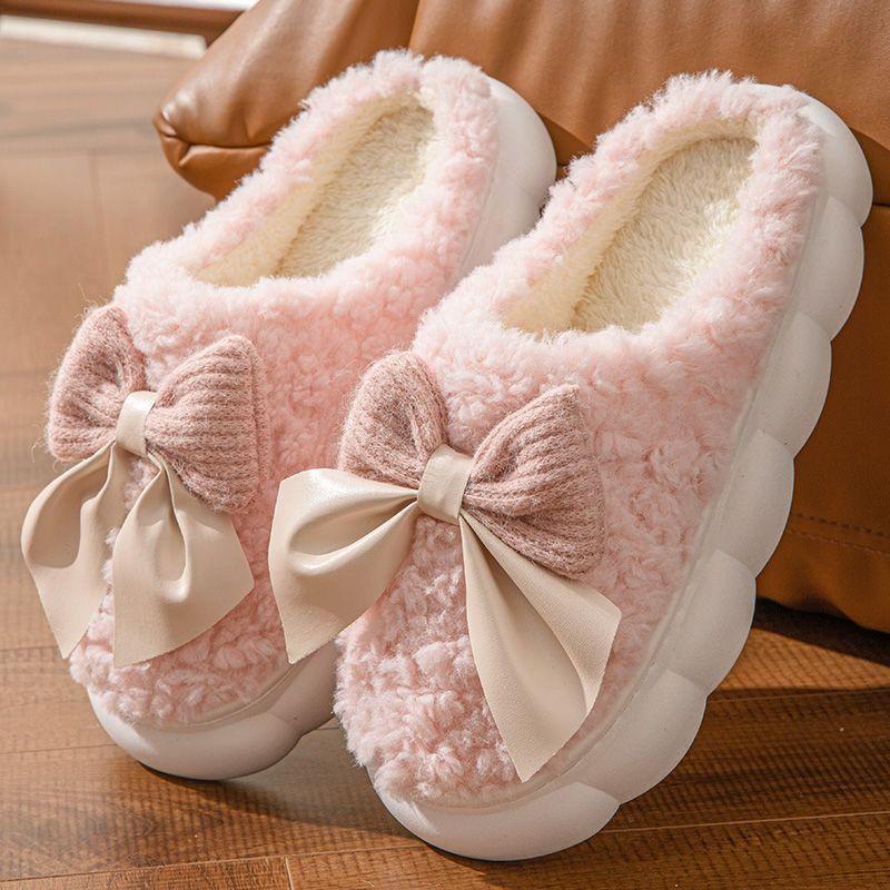 Bow Slippers Indoor Couple Non-slip Floor Bedroom Slippers Winter Warm Plush Home Shoes Household Indoor Warm