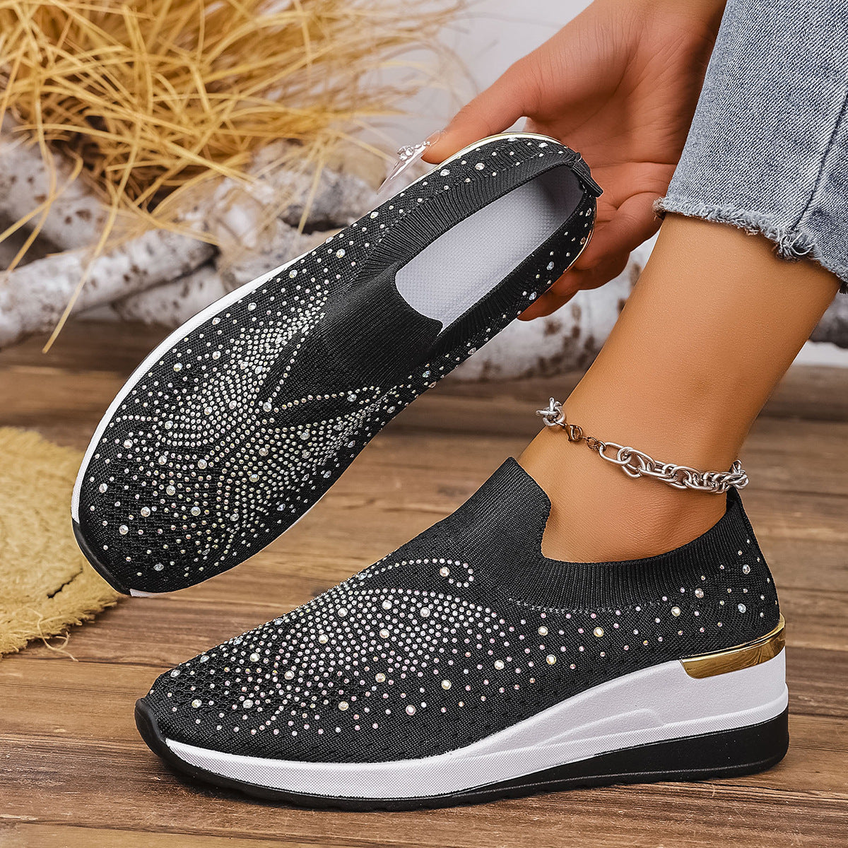Pumps Women's Summer Wedge Round Toe Rhinestone Slip-on Women's Pumps Pumps Product information: Color: Black, milky white, pink, Rose Red, White Upper height: low top Heel height: low heel (1-3CM) Heel shape: Wedge Size: 36, 37, 38, 39, 40, 41, 42, 43 So
