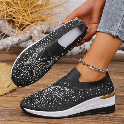 Pumps Women's Summer Wedge Round Toe Rhinestone Slip-on Women's Pumps Pumps Product information: Color: Black, milky white, pink, Rose Red, White Upper height: low top Heel height: low heel (1-3CM) Heel shape: Wedge Size: 36, 37, 38, 39, 40, 41, 42, 43 So
