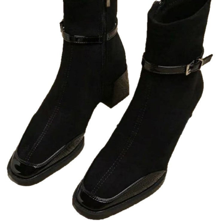 Retro French British Style Black Square Toe Leather Suede Ankle Side Zip Boots Retro French British Style Black Square Toe Leather Suede Ankle Side Zip Boots Product information: Pattern: Solid color Inner material: Microfiber leather Color: Black, Red He