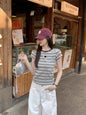 Contrast Color Striped Round Neck Short Sleeve Women's Shoulder Top